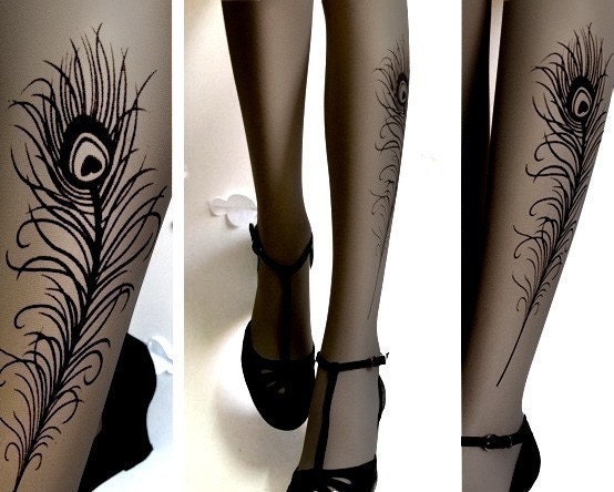 N E W sexy PEACOCK FEATHER TATTOO gorgeous thighhigh socks by post