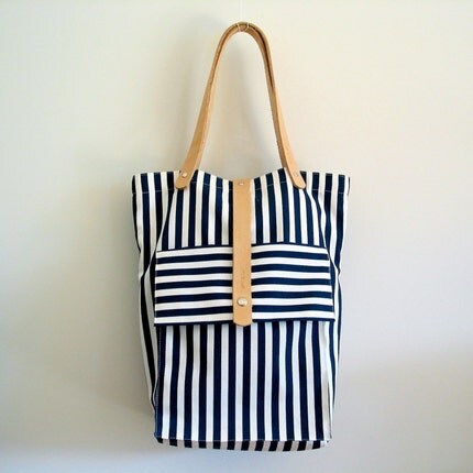 Striped Tokyo Tote with Pocket - Navy Blue and White  - Natural Leather Straps