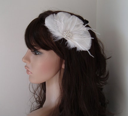 White Feather Fascinator with Rhinestone Jewel - Bridal Comb or Hair Clip