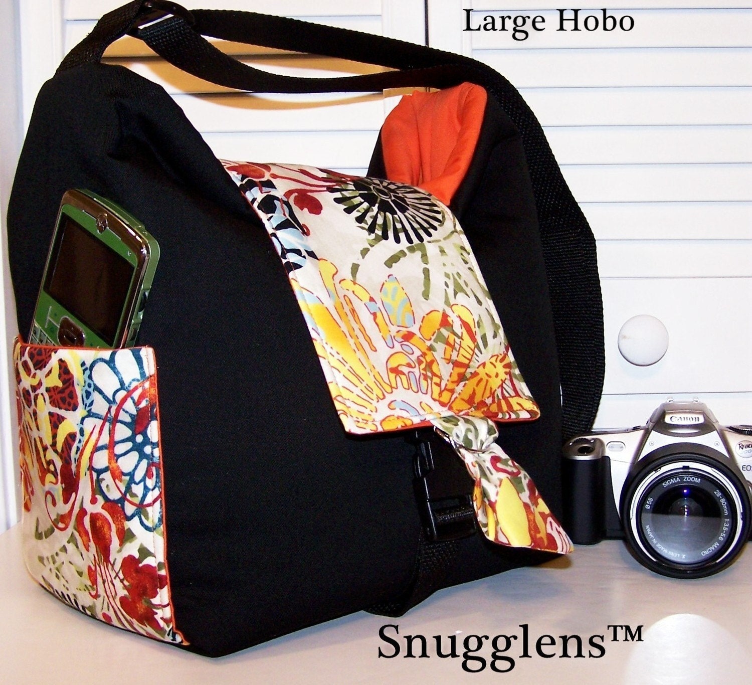 CUSTOM Digital SLR HOBO Camera Bag..LARGE..Sundance/orange interior Snugglens