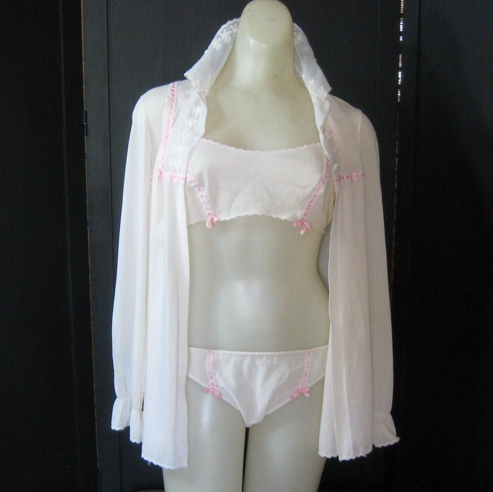 Vtg 60s 3 Piece Nighty Pjs Vassarette Bra Panties Cover Up Nylon Pale Pink