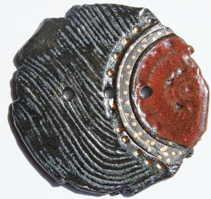 BIG Stoneware Button in Black Gold and Red