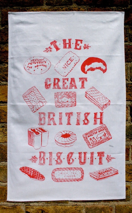 The Great British Biscuit Tea Towel - raspberry red