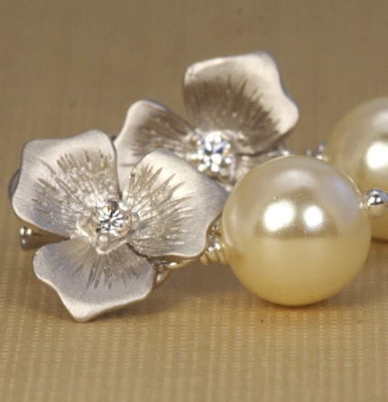 Ivory Pearl and Silver Floral Post Earrings Perfect For The Bride