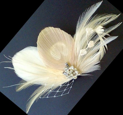 Ivory Eggshell Peacock Art Deco Bridal Feather Fascinator FITRI - SHIP READY
