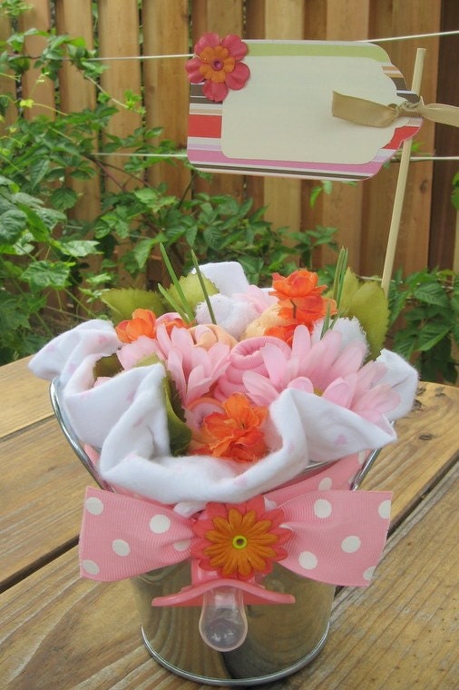 Pink and
Orange Sherbert Sweet Bouncing Baby Bouquet (table centerpiece/shower
gift)