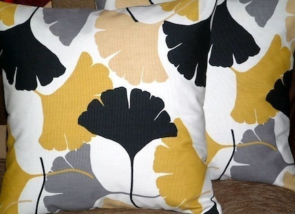 Two New 16 inch Handmade Mustard Yellow Grey Black Fan Print Design Funky Contemporary Designer Retro Pillow Cases,Cushion Covers,Pillow Covers,Throw Pillow,NEW FABRIC