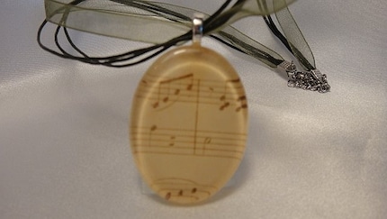 Large Oval Music Notes Glass Tile Pendant Necklace