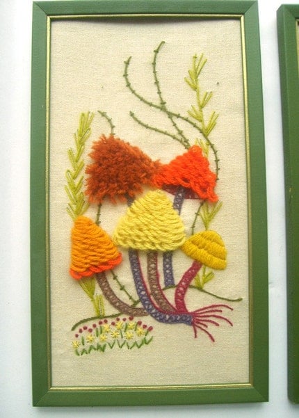 Pair of Colorful Mushroom Crewel Embroidery Pictures
