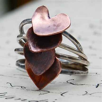 Bridesmaids or Sisters - Set of 4 Sterling and Copper Heart Stacking Rings - Your Sizes