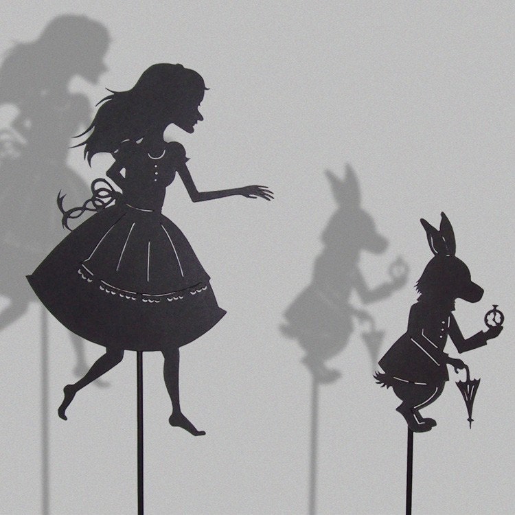 Alice and the white Rabbit/ 2 HAND-CUT SHADOW PUPPETS