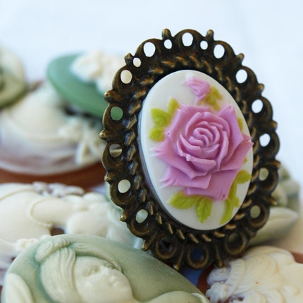 Floral Cameo Cocktail Ring Antique Brass Victorian by glamasaurus jewelry 
