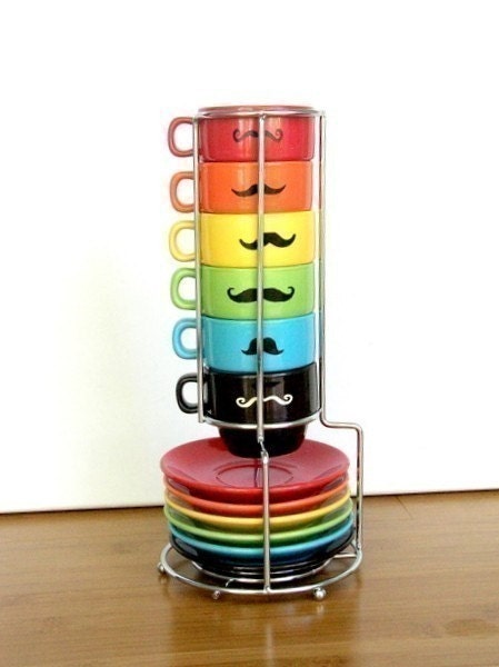 Upcycled Modern Stacking Mustache Espresso Mugs With Matching Plates and Holder