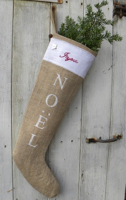 Burlap French Scandinavian style rustic Joyeux Noel Christmas stocking