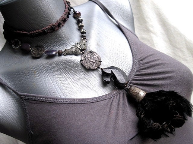 We Are His Sleep. Antique Feather Assemblage Neckpiece.