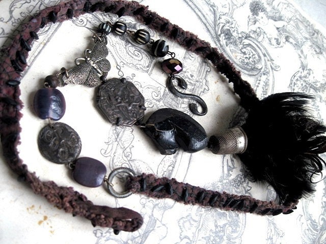 We Are His Sleep. Antique Feather Assemblage Neckpiece.