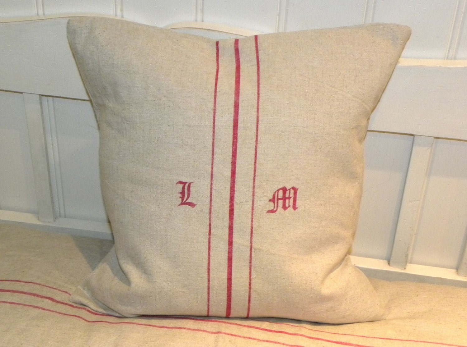 Custom personalized fake grain sack monogramme pillow cushion