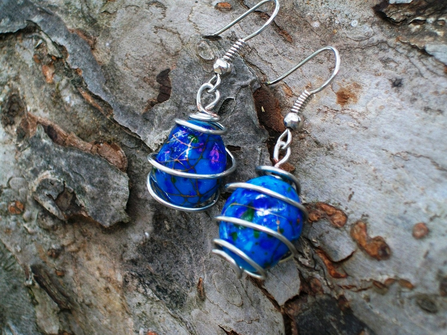 Blue Bead Wire Wrapped Earrings
