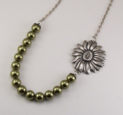 Vintage Style Sunflower Bloom Necklace - Chartreuse Green Pearls and Antique Silver