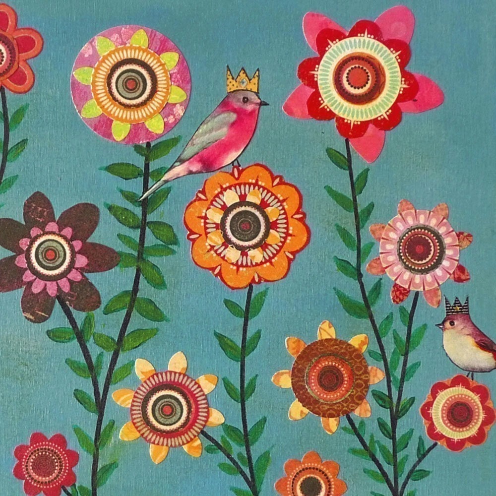 Birds and Flowers Painting Art Print Floral Collage Mounted on Wood - Dreaming of Spring