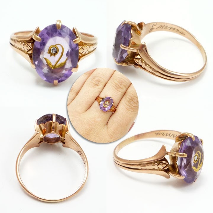 14K Rose Gold Antique Victorian Amethyst Diamond Carved Flower Ring