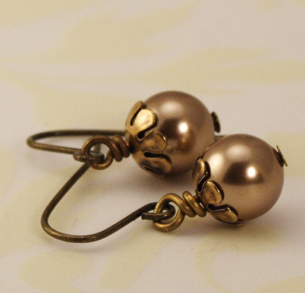 Pearl Earrings - Antique Gold and Golden Bronze - Great Gift
