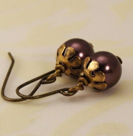 Pearl Earrings - Antique Gold and Burgundy - Great Gift