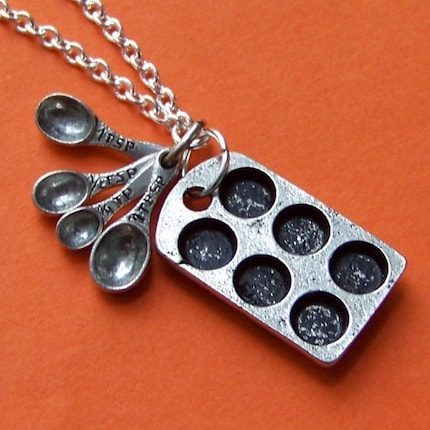 Cupcake Lover Charm Necklace with Antiqued Baking Tin and Measuring Spoons