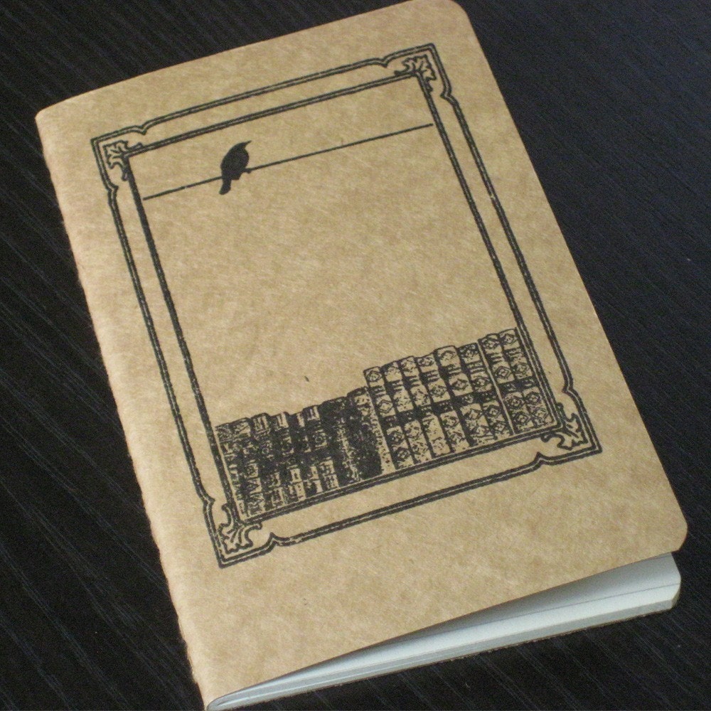 Bird and Books - Gocco Screen-Printed Lined Notebook