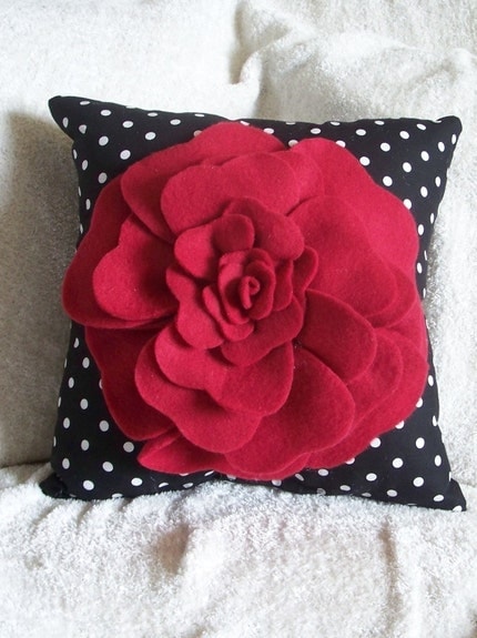 Red Rose on Black with White Polka Dot Pillow