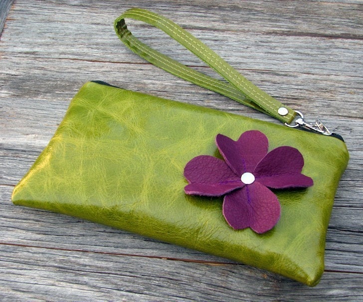 Leather Wristlet Wallet with detachable strap - Purple Floral on Distressed Kiwi