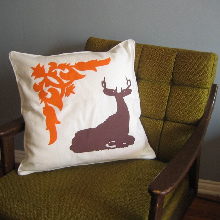 WOODLAND DEER AND DAMASK HAND PRINTED GRAPHIC ACCENT PILLOW  20 inch