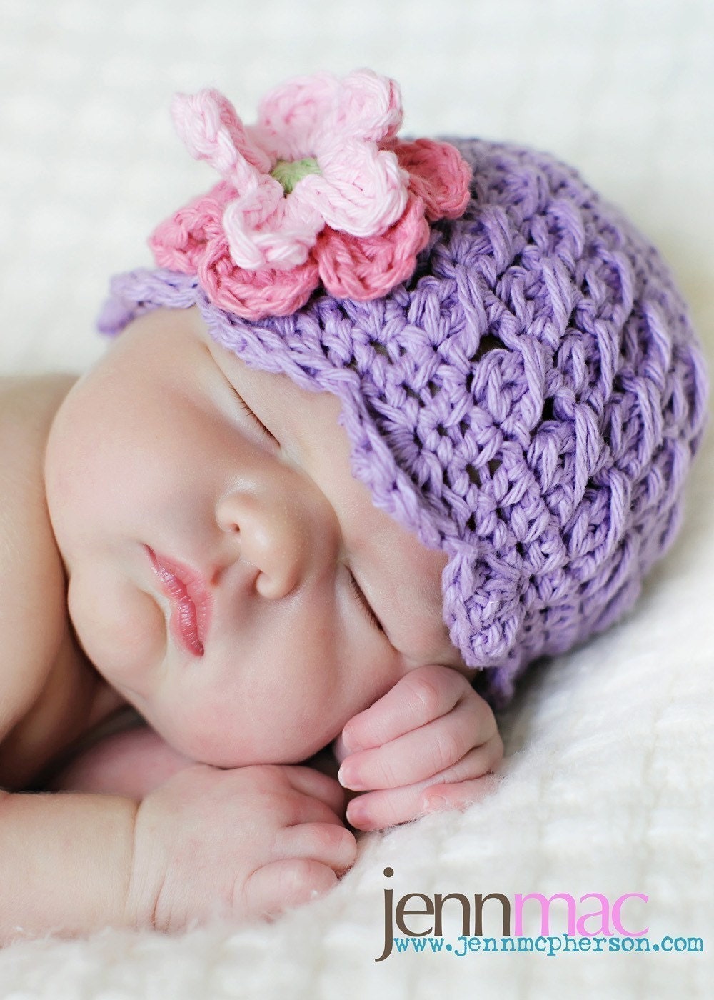 0-3 months Shell Beanie with Flowers -lt grape, rose, pink, celery