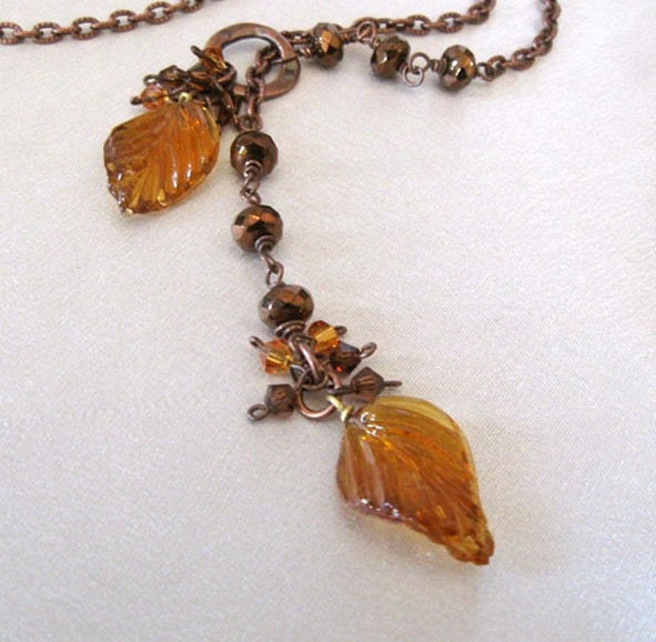 Amber Glass Leaves Lariat Necklace in by sendinglovegallery necklace 