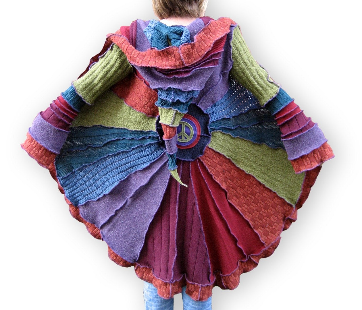 RESERVED FOR SANDYCOPE - Earthy Rainbow and Peace - S/M - Pinwheel Long Cardi Creation - Made from Recycled Sweaters