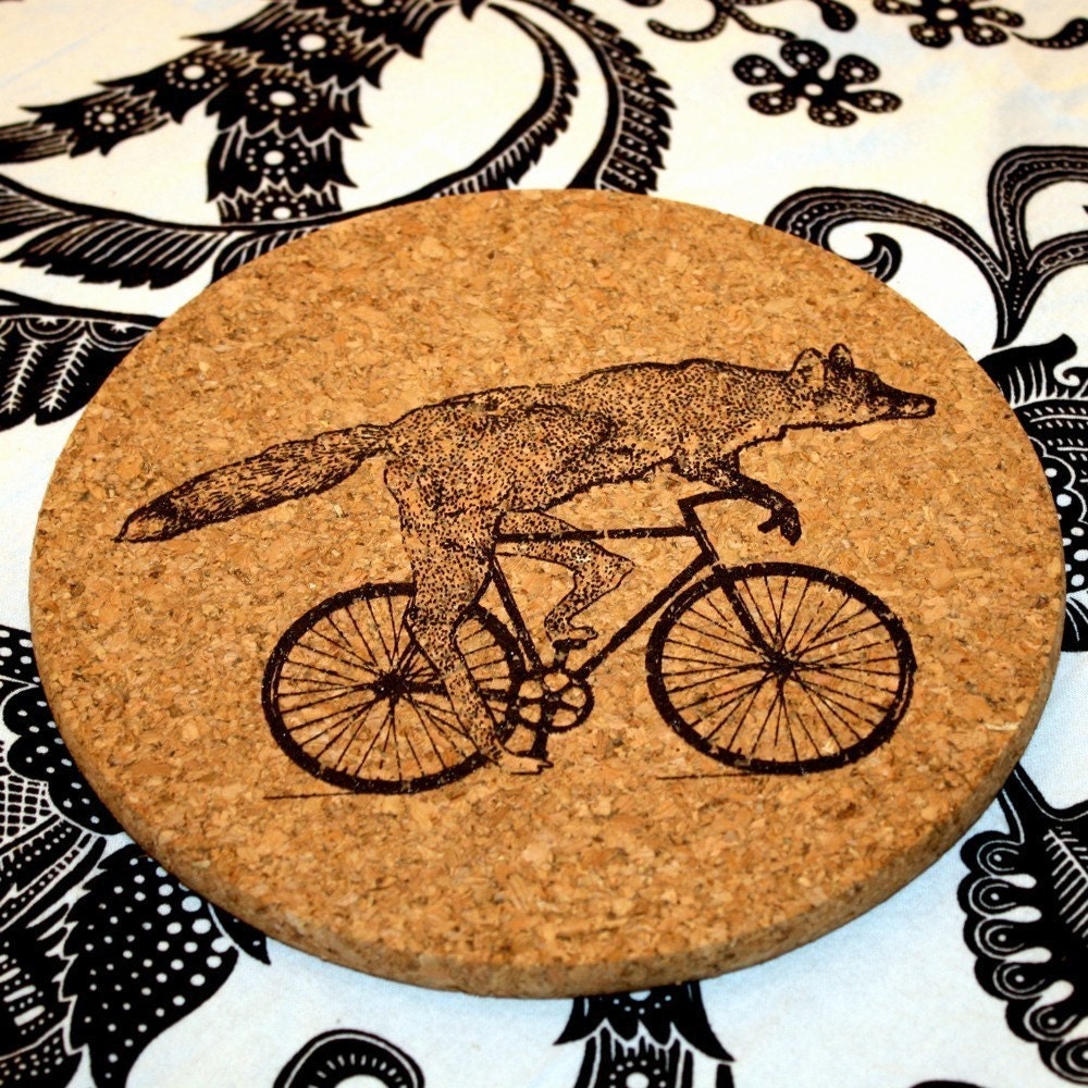 Fox on a Bike -Cork Trivet