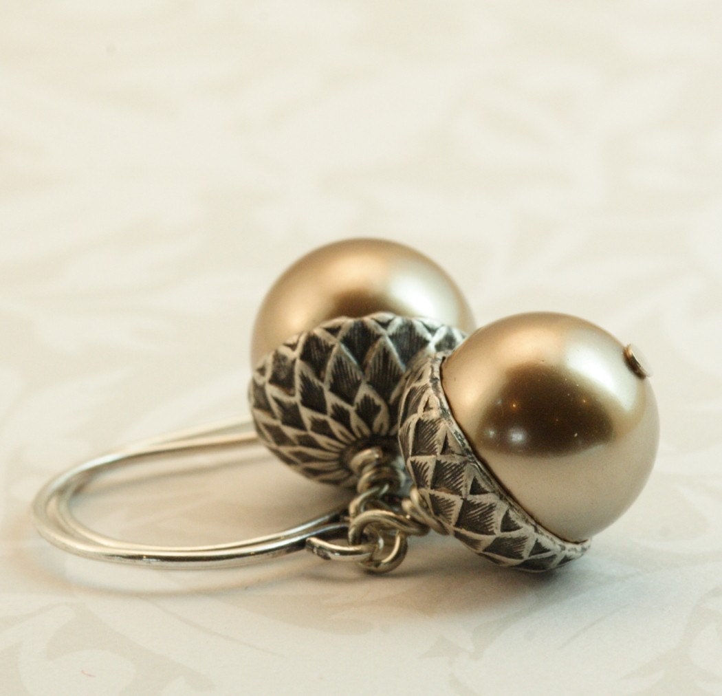 Free Shipping -  Acorn Earrings - Golden Brown and Antique Silver