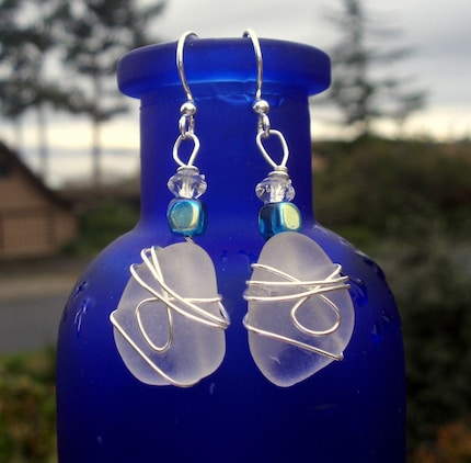 Eco Friendly
 Genuine Beach Glass Earrings - White with Silver