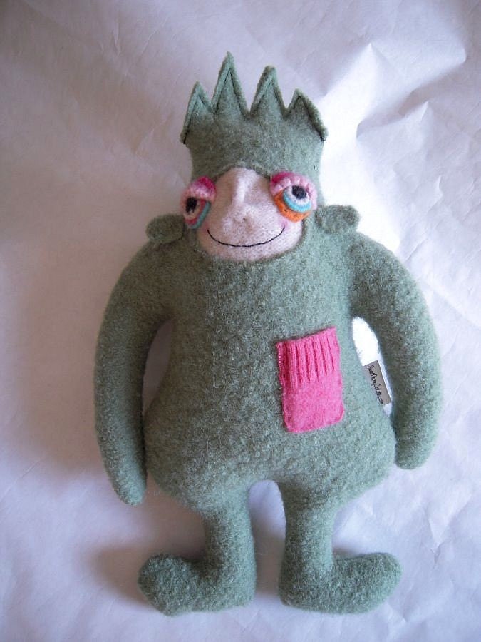Small Green Spikey Headed Wool Upcycled Sweater Monster
