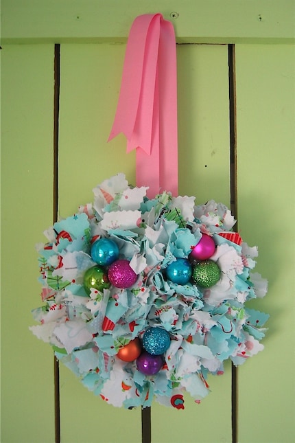 Colorful Christmas Small Sized Rag Wreath with Riley Blake Fabric and Small Bright Ornaments