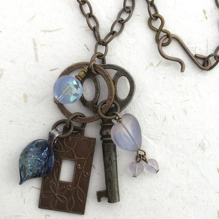 necklace brass antique key escutcheon blue vintage glass bead