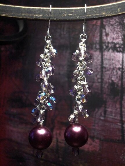 Sparkling Merlot Pearl and Crystal Dangle Earrings