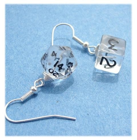 clear, d n d, die, dungeons dragons, earring, earrings, game, geekery, jewelry, mini, pawandclawdesigns, rpg, silver plated, wire