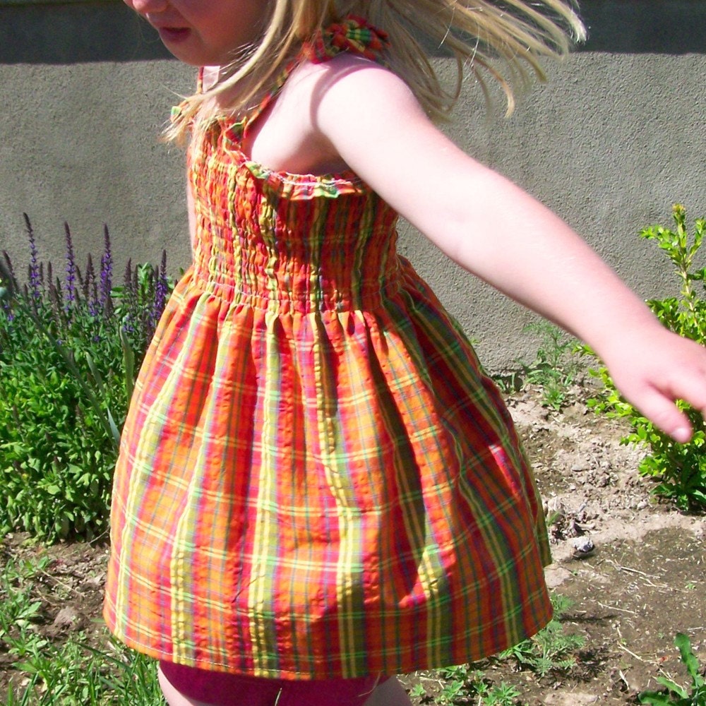 Shirred top gathered Plaid Orange yellow and green size  5 to 8 SALE