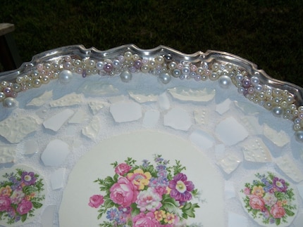 Large silver plated serving tray - vanity tray with feet - 3 mosaic floral china focals and white and beige china - handcut china - accent of pearls beads