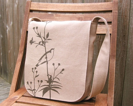 Eco-friendly Hemp Messenger Bag with Songbird (Sand/Beige)