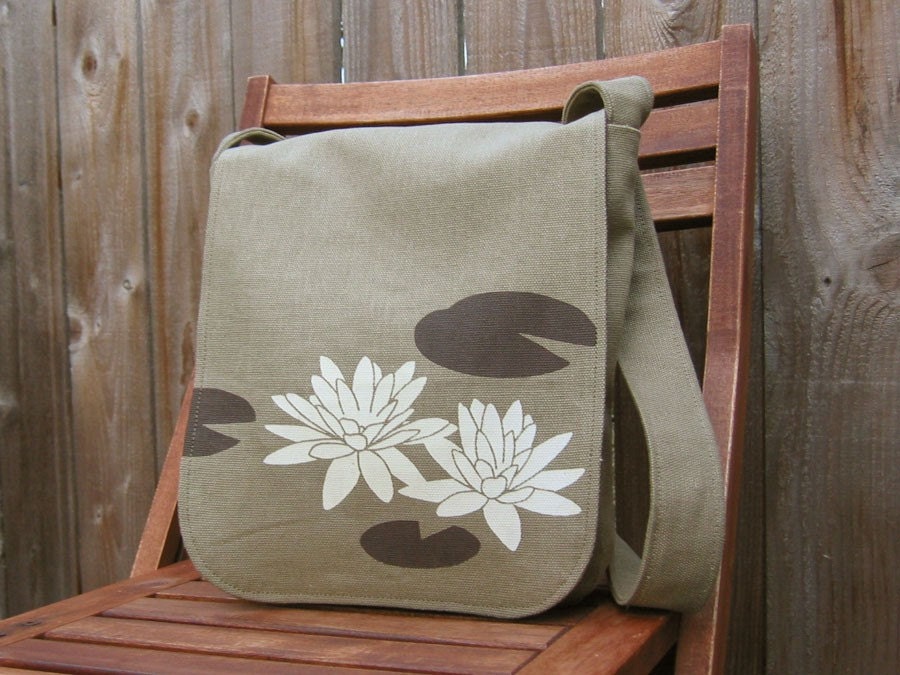 Eco-friendly Hemp Messenger Bag with Water Lily (Sage)