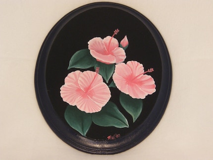 handpainted pink hibiscus on wood plaque