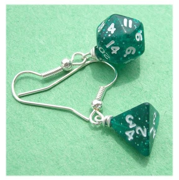 buy handmade, d n d, die, dungeons dragons, earring, earrings, etsy, game, geekery, green glitter, jewelry, mini, pawandclawdesigns, rpg, silver plated, wire