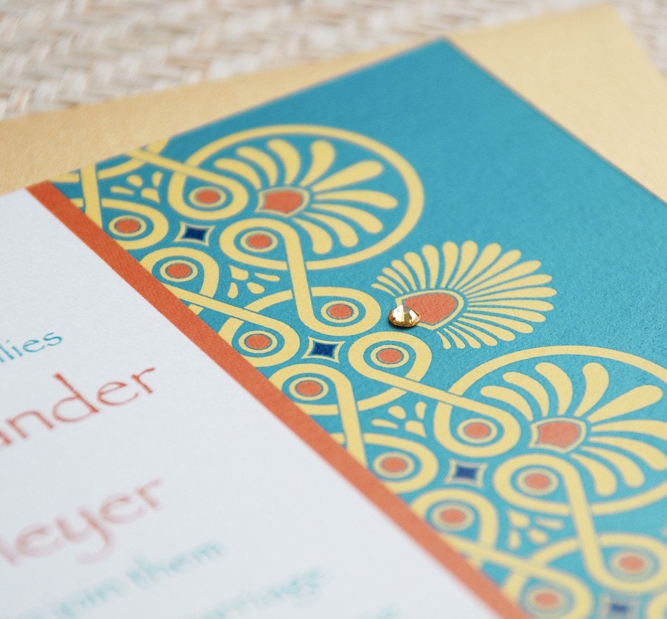  the aspect of a gemstone to your gold and teal wedding invitation 